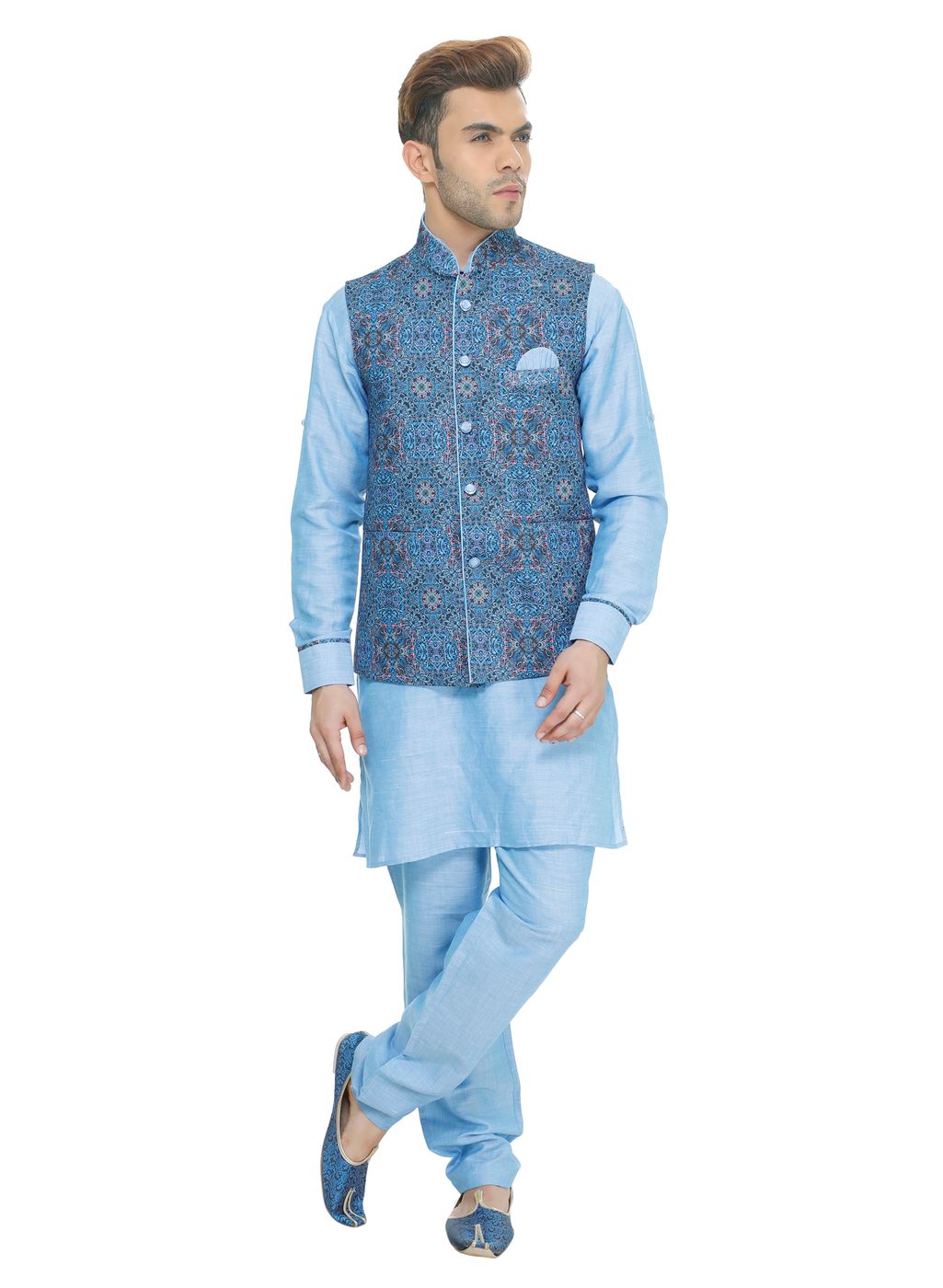 Blue kurta with white on sale waistcoat